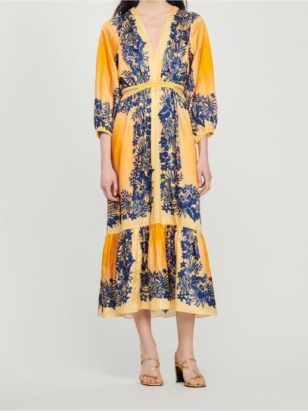 Sandro Yellow and Navy Floral Maxi Dress